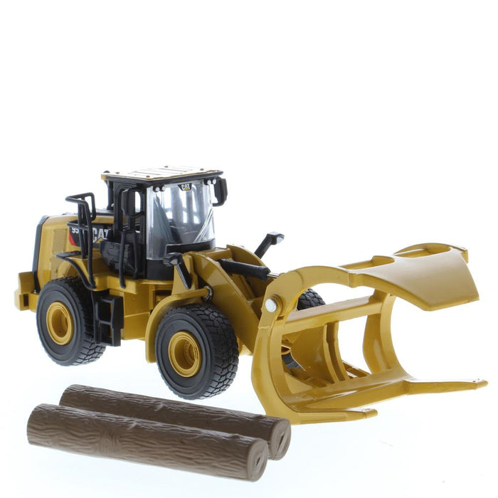 1:64 Cat 950M Wheel Loader with Log Fork + Bucket Attachment (Comes with 2 Log Poles), Metal Construction Series, 85635