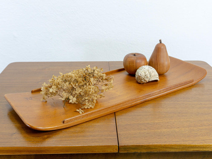 1960s flat TEAK WOOD BOWL Plate Fruit Decor Serving Tray 1 of 3