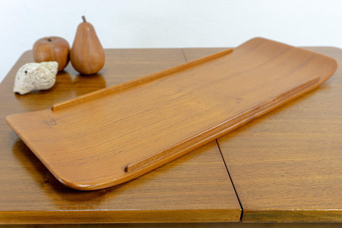 1960s flat TEAK WOOD BOWL Plate Fruit Decor Serving Tray 1 of 3