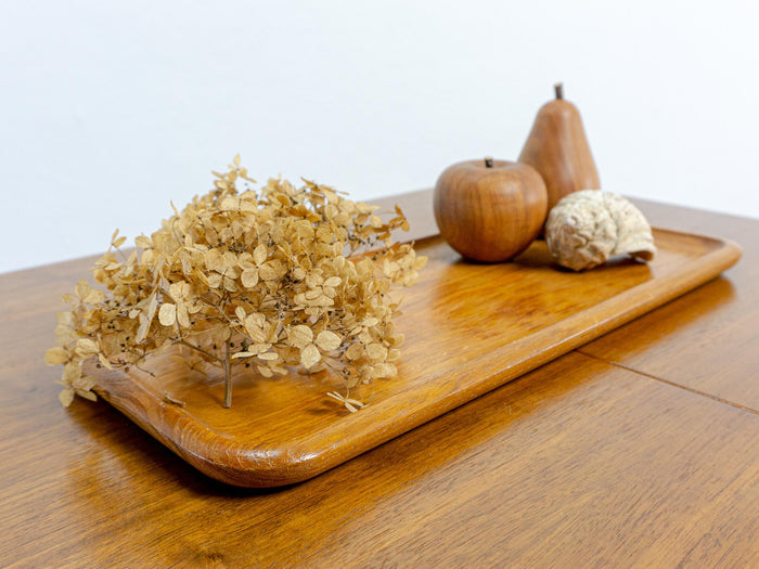 1960s flat TEAK WOOD BOWL Plate Fruit Decor Serving Tray 1 of 3