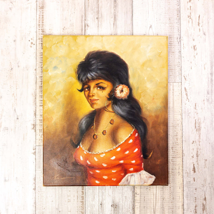 1960s ORIGINAL OIL PAINTING portrait of a young gypsy woman in red dress