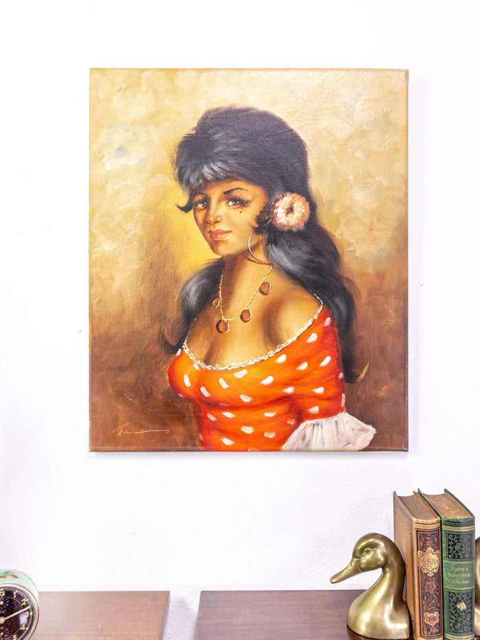 1960s ORIGINAL OIL PAINTING portrait of a young gypsy woman in red dress