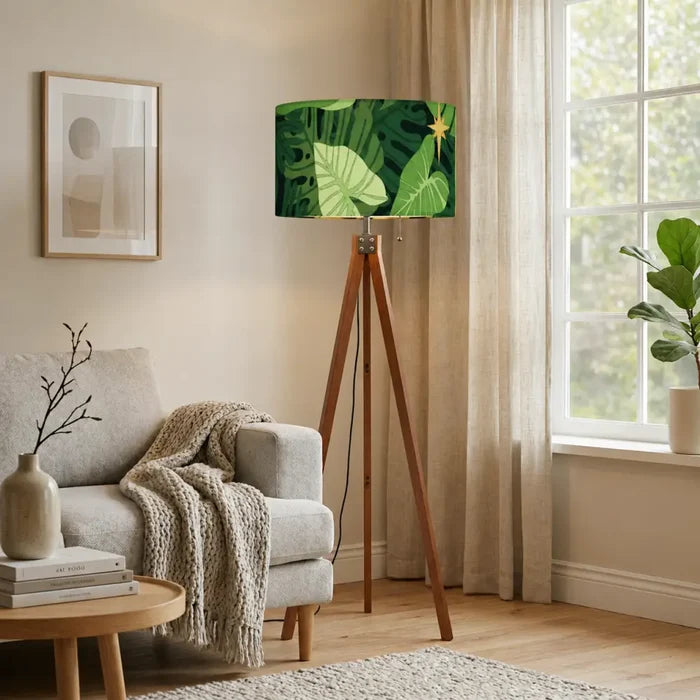 1970s Retro Scandi Tripod Floor Lamp with Green Monstera Leaves - retro floor lamps