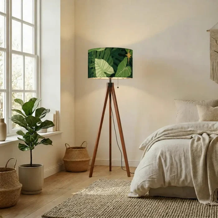 1970s Retro Scandi Tripod Floor Lamp with Green Monstera Leaves - retro floor lamps