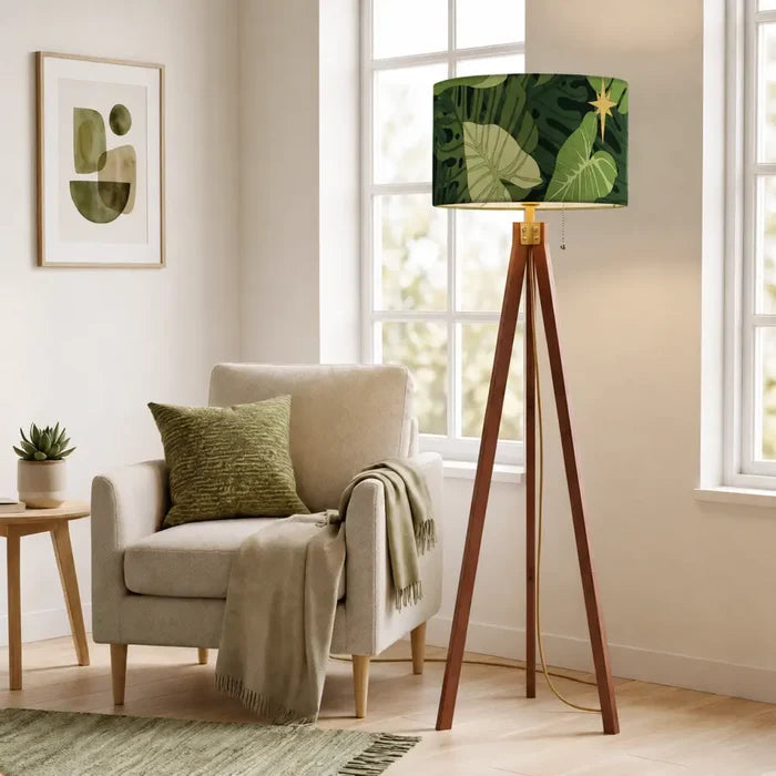 1970s Retro Scandi Tripod Floor Lamp with Green Monstera Leaves - retro floor lamps