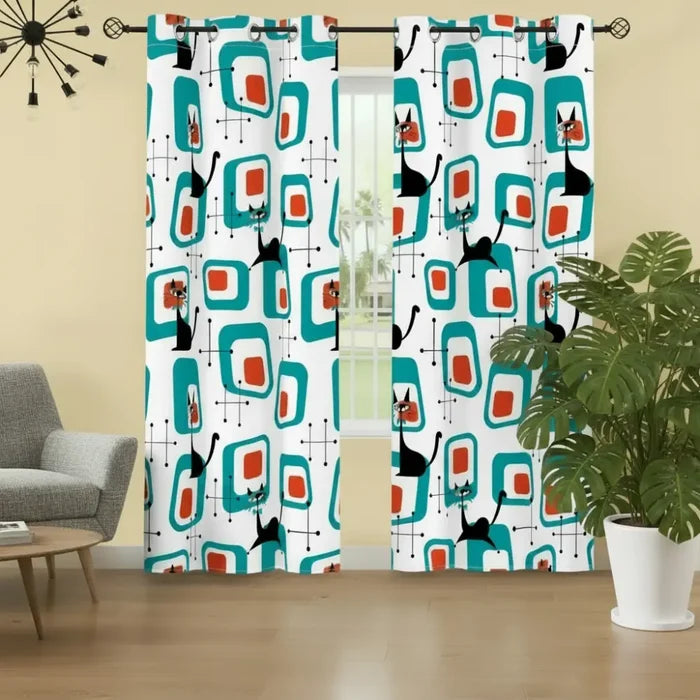 50s Atomic Cat Mid Grommet Blackout Curtains: Midcentury Modern Panel Set - retro curtains