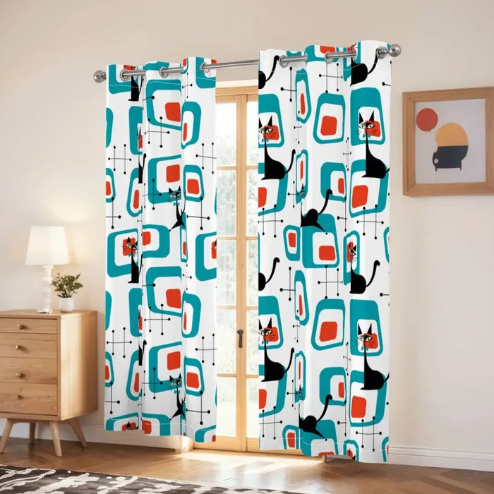 50s Atomic Cat Mid Grommet Blackout Curtains: Midcentury Modern Panel Set - retro curtains
