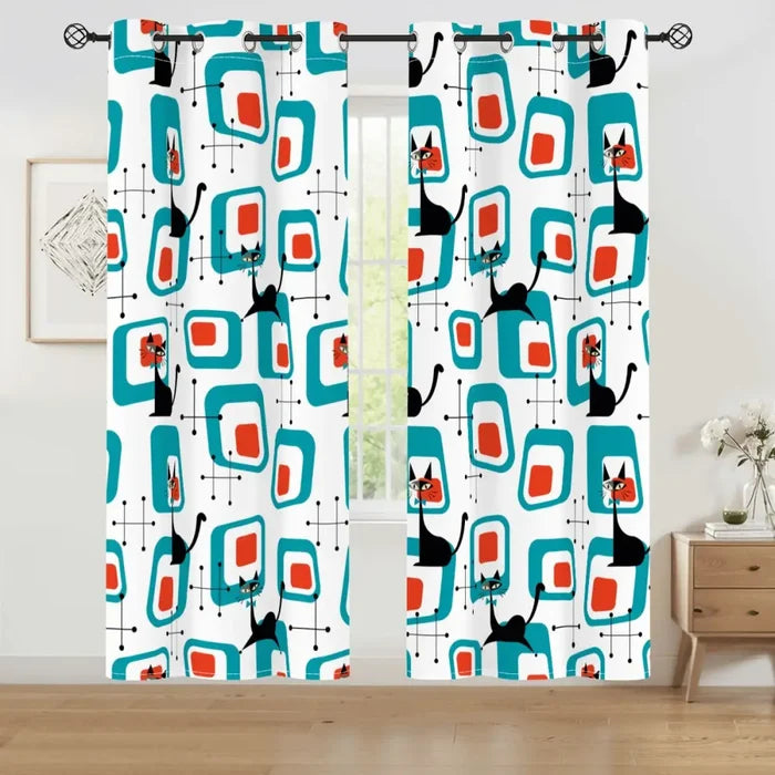 50s Atomic Cat Mid Grommet Blackout Curtains: Midcentury Modern Panel Set - 50’’x84’’x2pcs - retro curtains