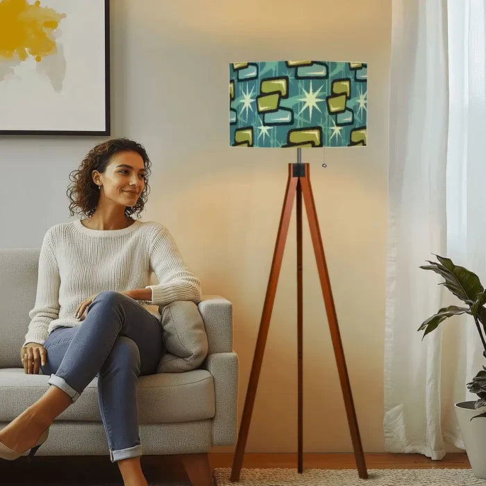 60s Midcentury Retro Floor Lamp – Atomic Design Linen Shade Wooden Tripod Base - retro floor lamps