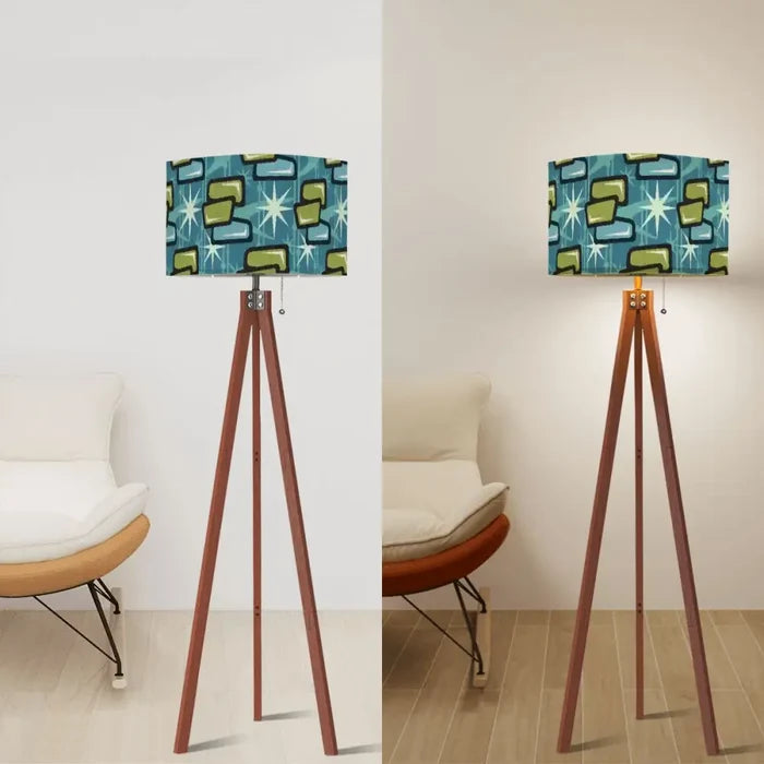 60s Midcentury Retro Floor Lamp – Atomic Design Linen Shade Wooden Tripod Base - retro floor lamps