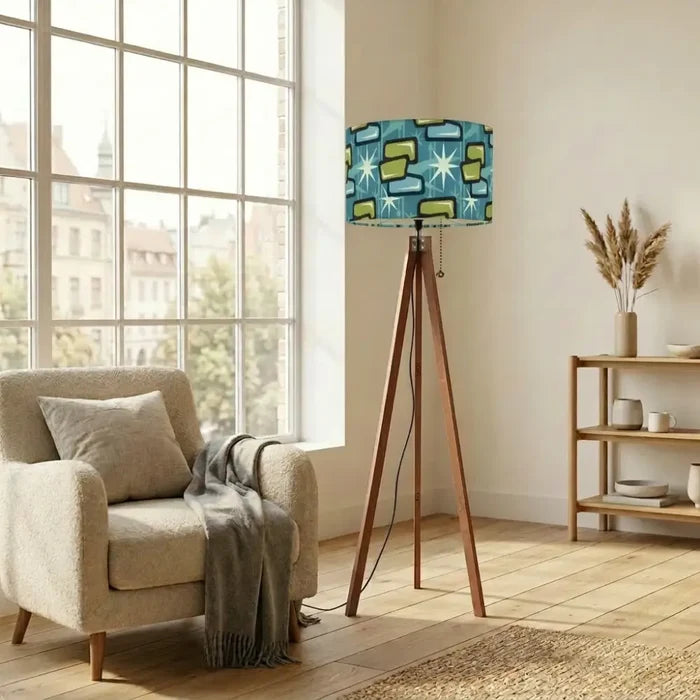 60s Midcentury Retro Floor Lamp – Atomic Design Linen Shade Wooden Tripod Base - retro floor lamps