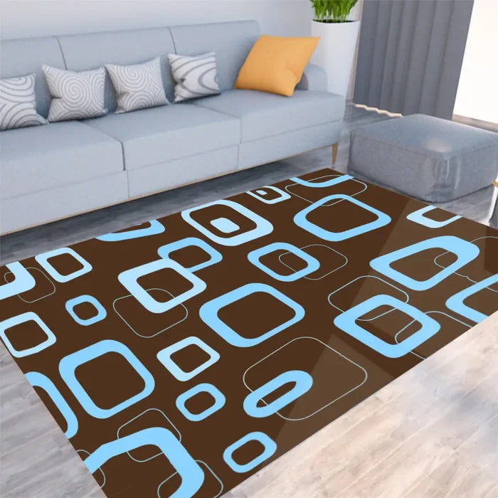 60s Retro Brown Blue Felt Floor Mat – Soft Non-Slip Midcentury Area Rug - retro rug