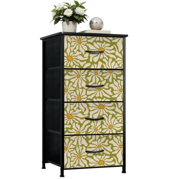70s Daisy Pattern Midcentury Modern 4-Drawer Dresser – Floral Storage Cabinet - One Size - retro dresser