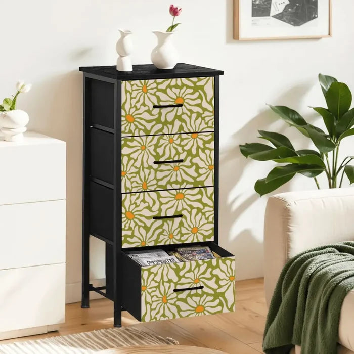 70s Daisy Pattern Midcentury Modern 4-Drawer Dresser – Floral Storage Cabinet - One Size - retro dresser