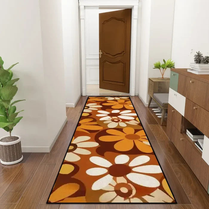 70s Flower Power Runner Rug – Midcentury White Brown Orange Multi Sizes - 24’’x72’’ - retro runner