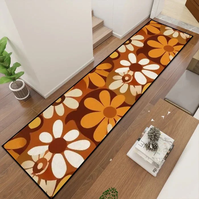 70s Flower Power Runner Rug – Midcentury White Brown Orange Multi Sizes - retro runner