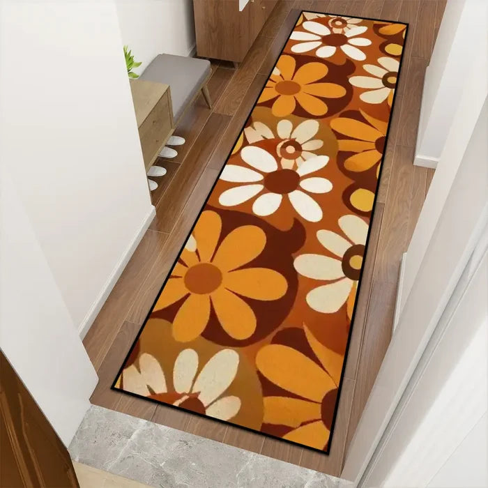 70s Flower Power Runner Rug – Midcentury White Brown Orange Multi Sizes - retro runner