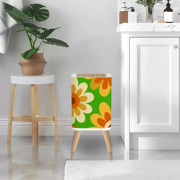 70s Mid Century Modern Wastebasket: Floral Nordic Trash Can with Lid - One Size - retro tash cans
