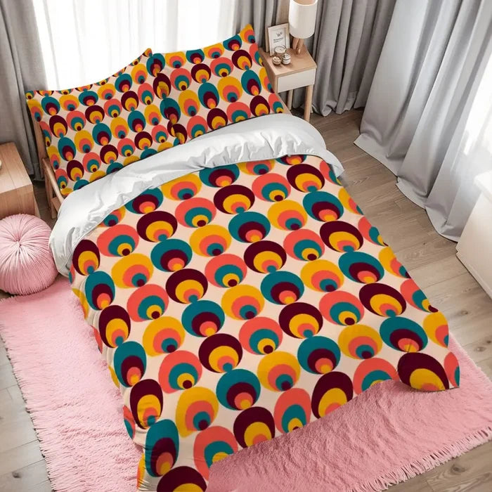 70s Peacock Eye Pattern 3 pcs Duvet Cover Set Midcentury Retro Full Size - retro bedding