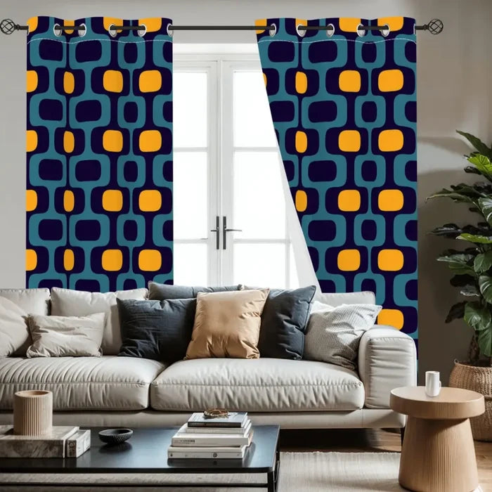 70s Retro Blackout Curtains: Blue Orange Scandi Midcentury Modern Panels - retro curtains