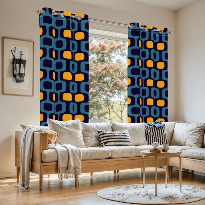 70s Retro Blackout Curtains: Blue Orange Scandi Midcentury Modern Panels - retro curtains