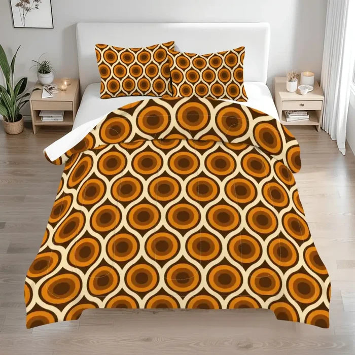 70s Retro Comforter Set Peacock Pattern: Queen Size Orange Brown Vanilla - One Size - retro bedding