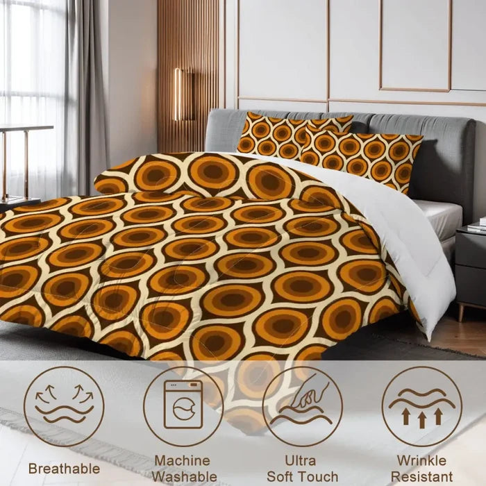 70s Retro Comforter Set Peacock Pattern: Queen Size Orange Brown Vanilla - One Size - retro bedding