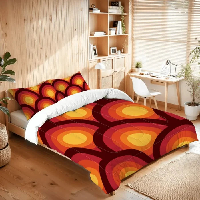 70s Retro Comforter Set: Queen Size Microfiber Bedding Peacock Eye Print - retro ads