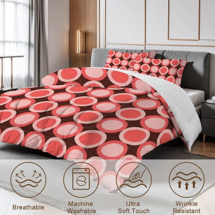 70s Retro Comforter Set: Queen Size Microfiber Bedding Pink Circle Print - retro bedding