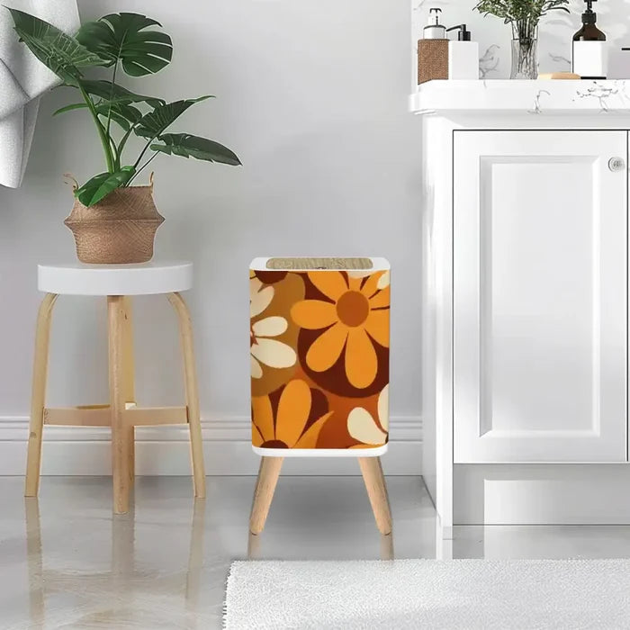 70s Retro Scandi Square Small Trash Can with Lid - Hippie Flower Power - One Size - retro tash cans