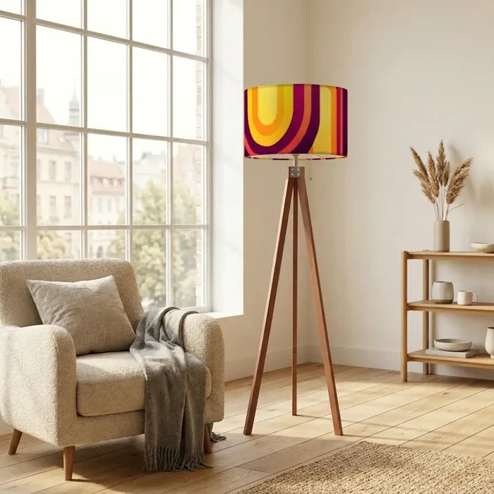 70s Retro Tripod Floor Lamp: Orange Burgundy Linen Shade Smart LED - retro floor lamps