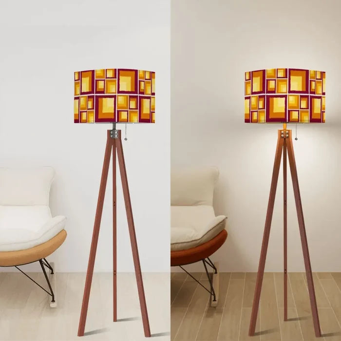 70s Retro Tripod Floor Lamp: Yellow Brown Linen Shade Smart LED - retro floor lamps