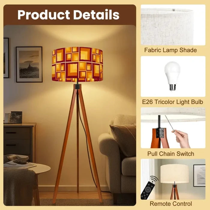 70s Retro Tripod Floor Lamp: Yellow Brown Linen Shade Smart LED - retro floor lamps