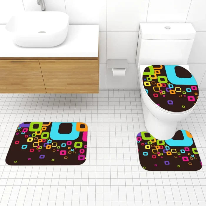 70s Style Bathroom Mat Set | Retro Midcentury 3-Piece Rugs Geometric Rainbow Colors Black - One Size - retro bathroom