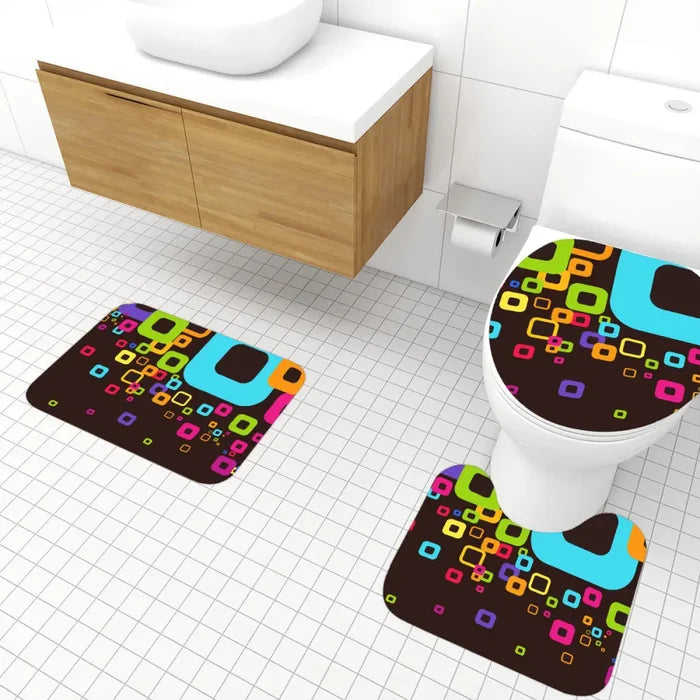 70s Style Bathroom Mat Set | Retro Midcentury 3-Piece Rugs Geometric Rainbow Colors Black - One Size - retro bathroom
