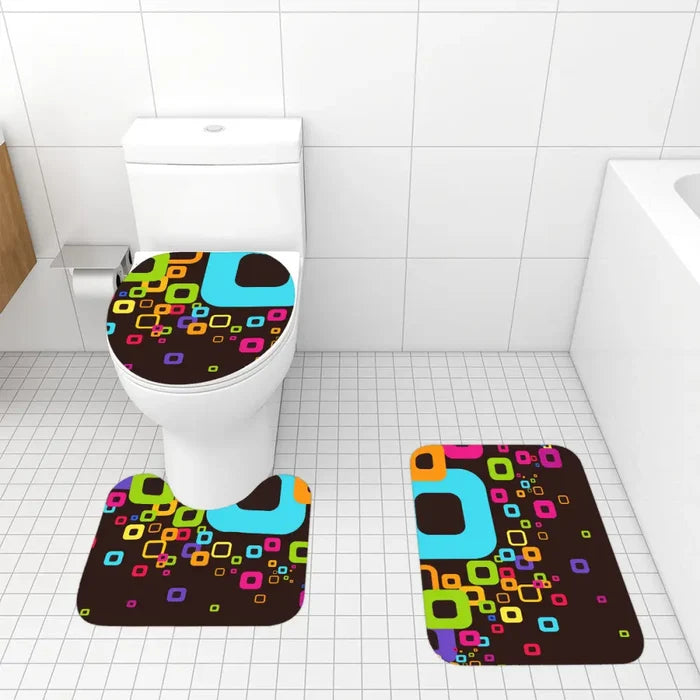 70s Style Bathroom Mat Set | Retro Midcentury 3-Piece Rugs Geometric Rainbow Colors Black - One Size - retro bathroom