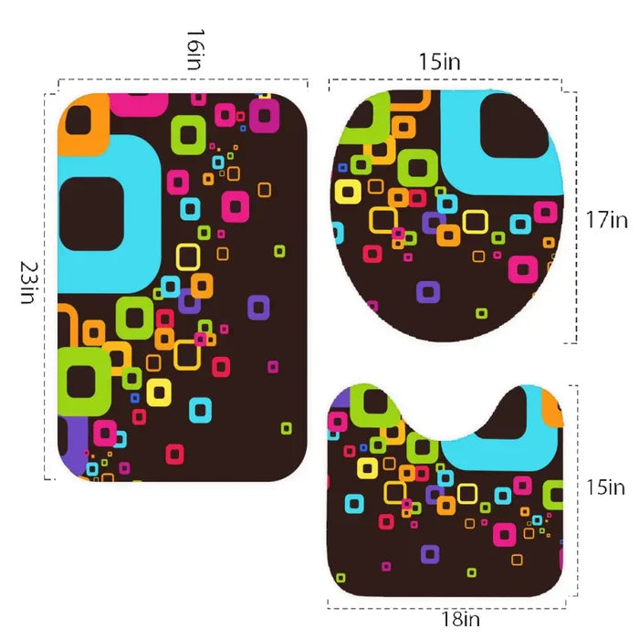 70s Style Bathroom Mat Set | Retro Midcentury 3-Piece Rugs Geometric Rainbow Colors Black - One Size - retro bathroom
