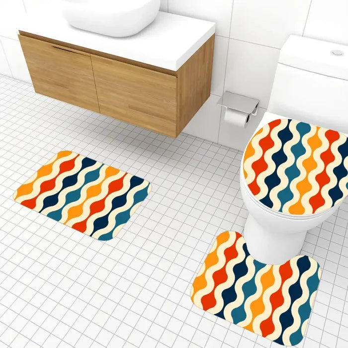 70s Style Bathroom Mat Set | Retro Midcentury 3-Piece Rugs Multicolor Waves - One Size - retro bathroom