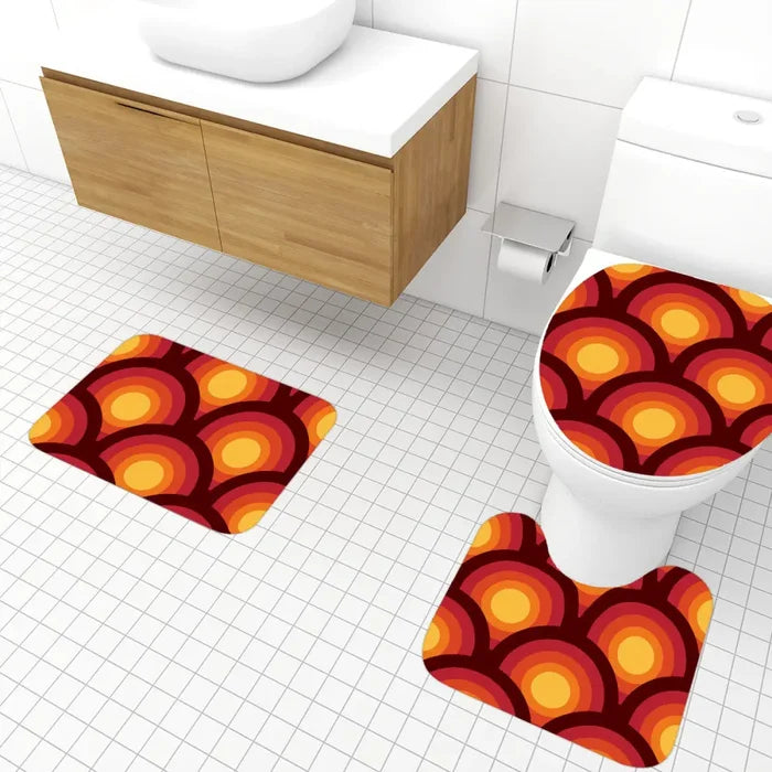 70s Style Bathroom Mat Set | Retro Midcentury 3-Piece Rugs Peacock Eyes Orange - retro bathroom