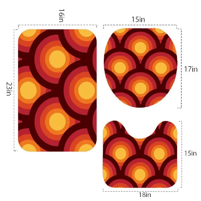 70s Style Bathroom Mat Set | Retro Midcentury 3-Piece Rugs Peacock Eyes Orange - retro bathroom