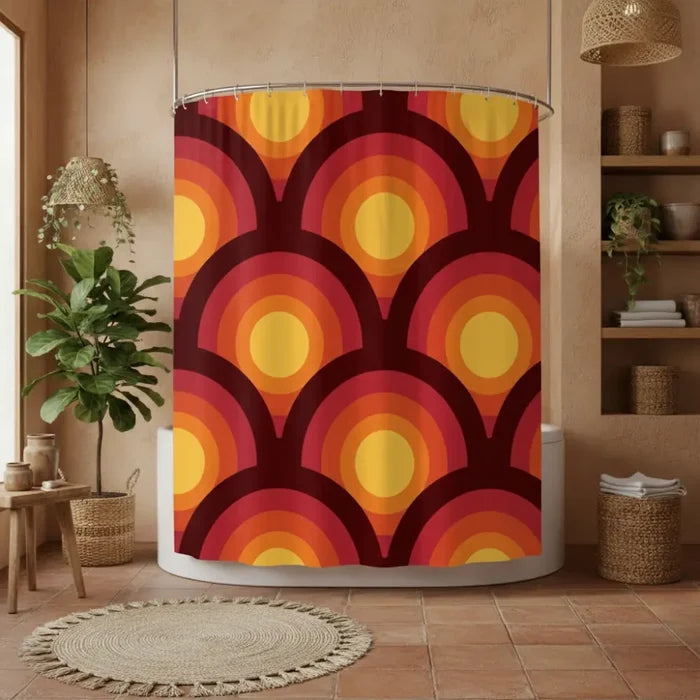 70s Style Bathroom Mat Set | Retro Midcentury 3-Piece Rugs Peacock Eyes Orange - retro bathroom