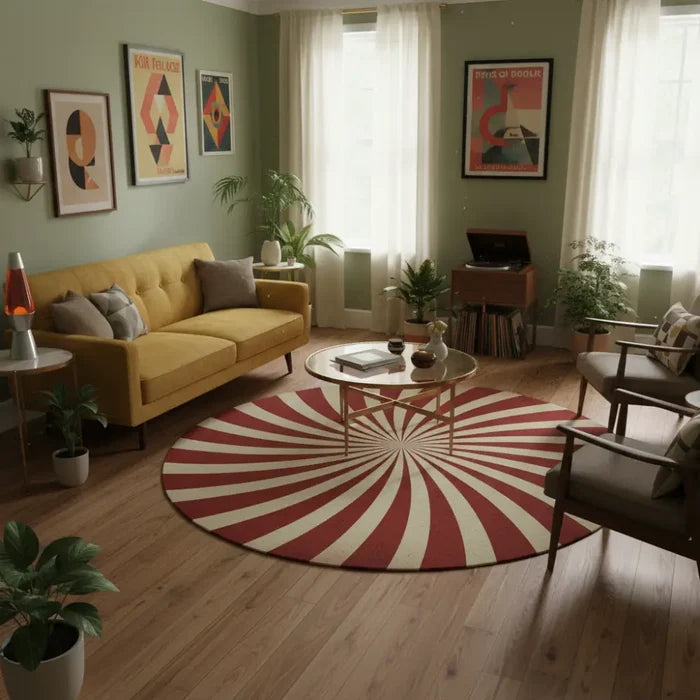 70s Sunburst Style Round Area Rug Retro Boho Midcentury Floor Carpet - 60’’ × 60’’ - retro ads