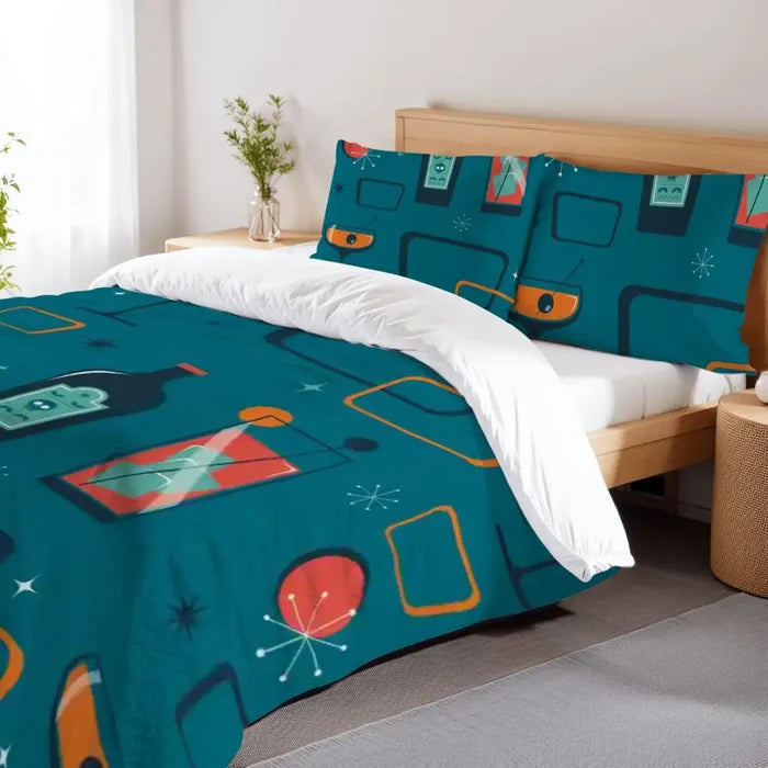 Atomic 60s Retro Full Duvet Cover Set - Teal Mid Century Bedding - retro bedding