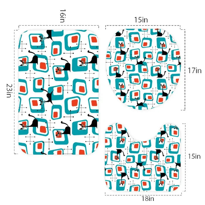 Atomic Cat Retro Midcentury Bath Rug Set | 3-Piece Vibrant 60s Decor - One Size - retro bathroom