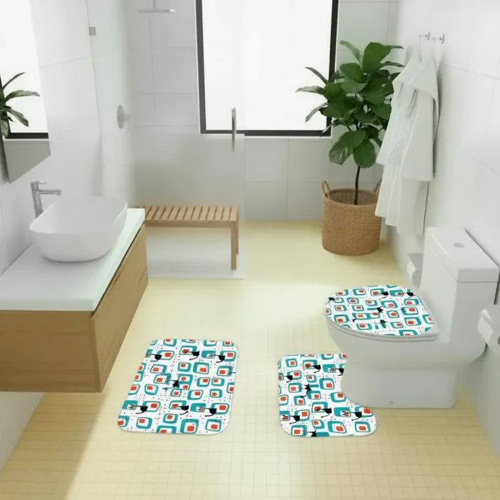 Atomic Cat Retro Midcentury Bath Rug Set | 3-Piece Vibrant 60s Decor - One Size - retro bathroom