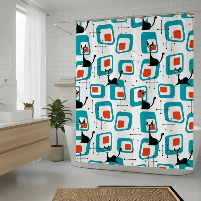 Atomic Cat Retro Shower Curtain - 60s Midcentury Style Bathroom - retro bathroom