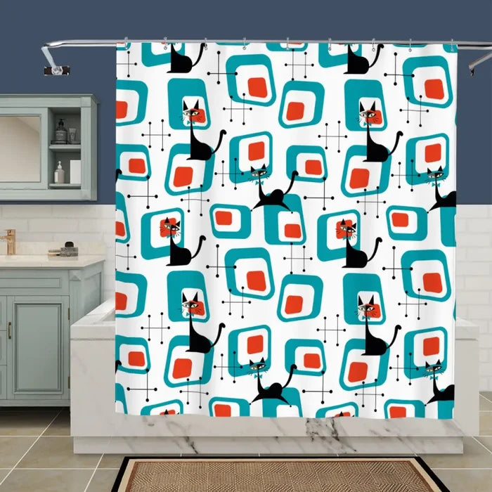 Atomic Cat Retro Shower Curtain - 60s Midcentury Style Bathroom - retro bathroom