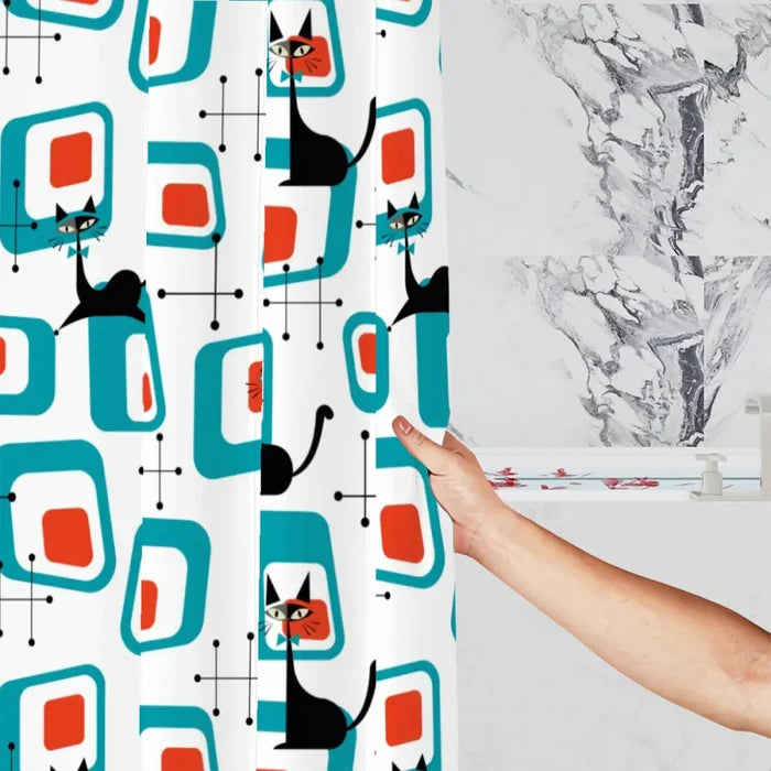 Atomic Cat Retro Shower Curtain - 60s Midcentury Style Bathroom - retro bathroom