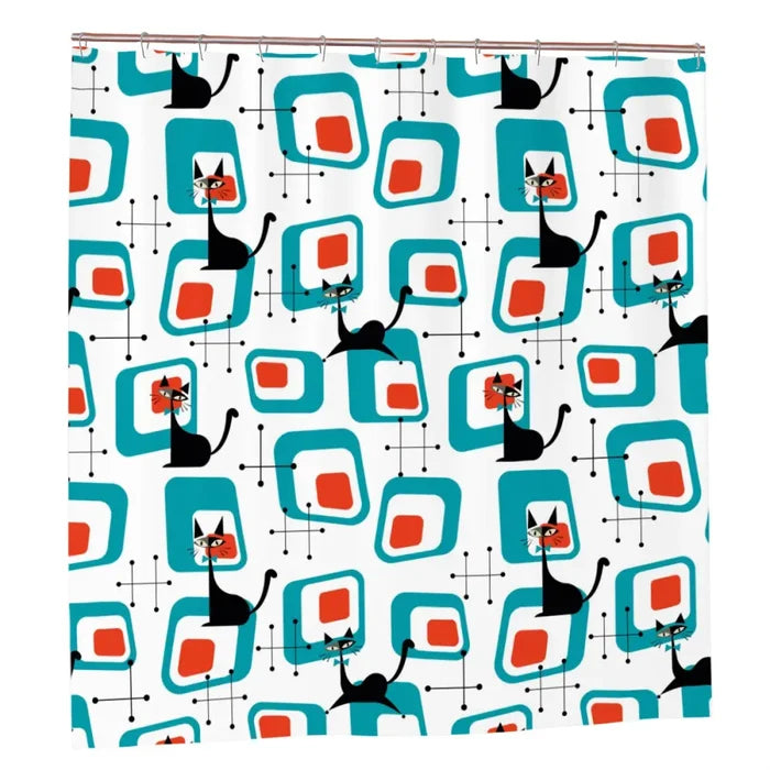 Atomic Cat Retro Shower Curtain - 60s Midcentury Style Bathroom - Iron - retro bathroom
