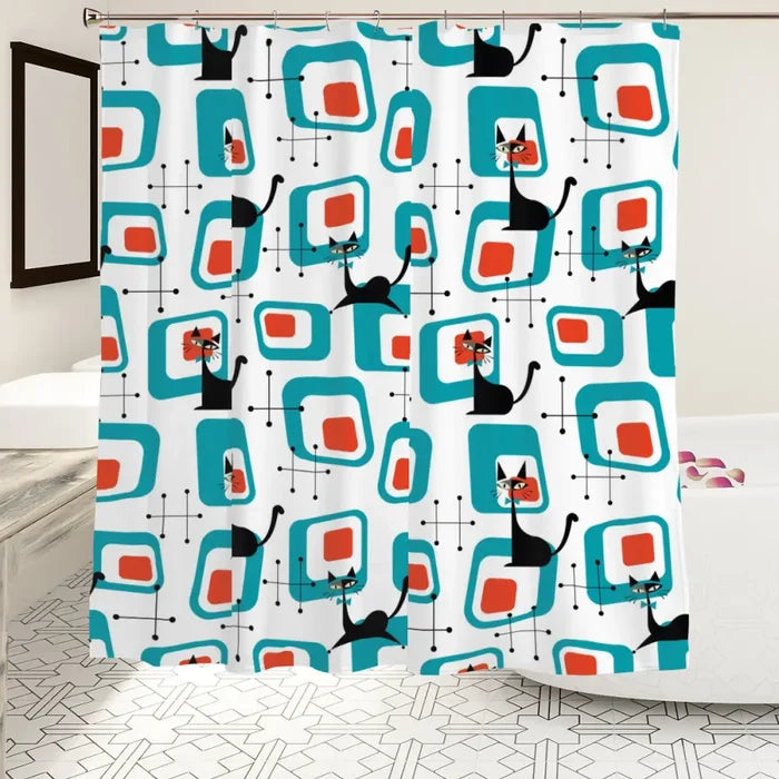 Atomic Cat Retro Shower Curtain - 60s Midcentury Style Bathroom - retro bathroom